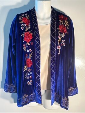 Velzera SZ L Blue Velvet Embroidered Open-Front Cardigan Dressy Boho Romance